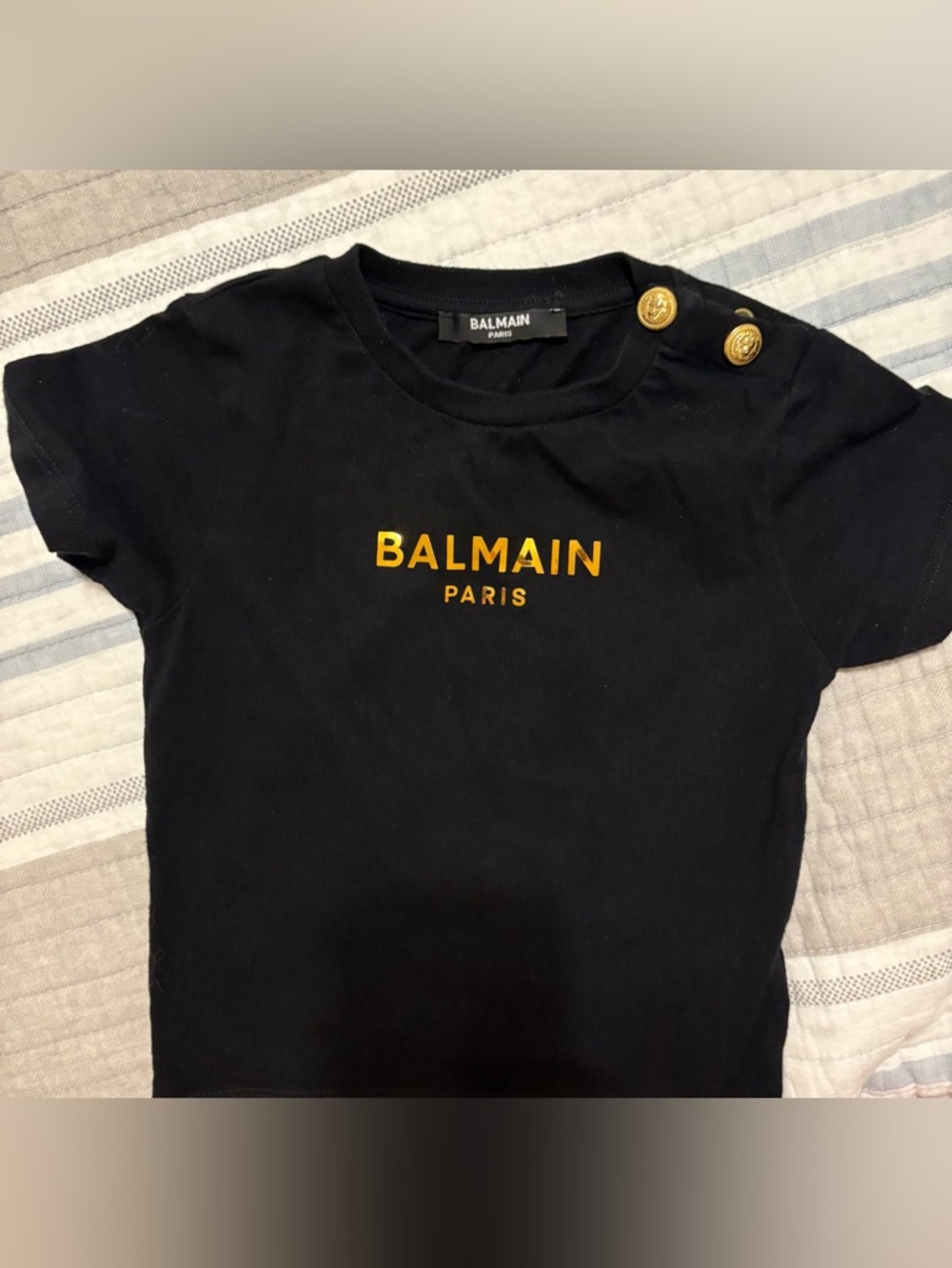 Balmain Kids Black Tee with Gold Logo and Shoulder Buttons